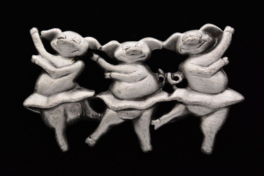 Vintage Ballet Dancing Pigs Pin Brooch Olivia Pig Ballerina Chunky NOS 80s BinA6